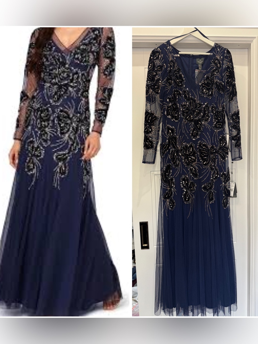 NWT ADRIANNA PAPELL BEADED MESH VELVET LONG DRESS NAVY LONG SLEEVE 4 $349 FORMAL